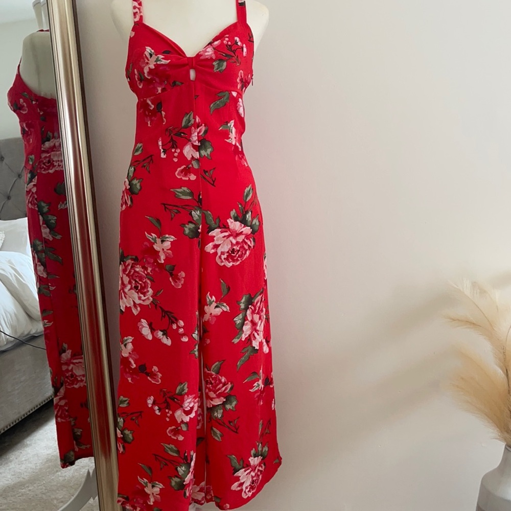 Forever 21 Red Floral Jumpsuit with Side Zipper.